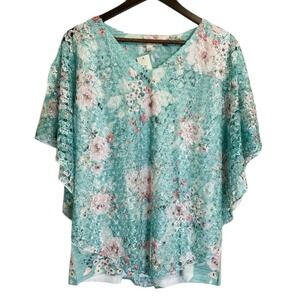 Casual Express Squiggle Lace Pullover Women Large Mint Green Floral Top NWT